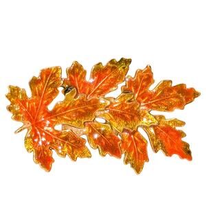 Vintage Kenneth Cole Signed KC Orange Green Enamel Gold Tone Maple Leaf Brooch